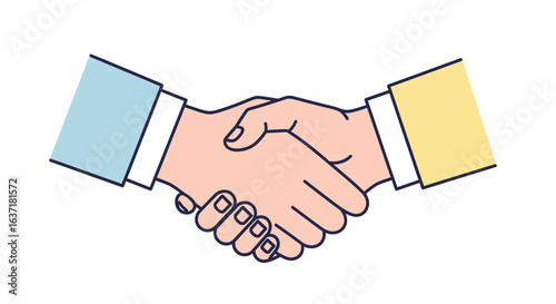 Flat vector illustration of hands two hands shaking each other in a friendly greeting, clean navy lines, soft pastel color