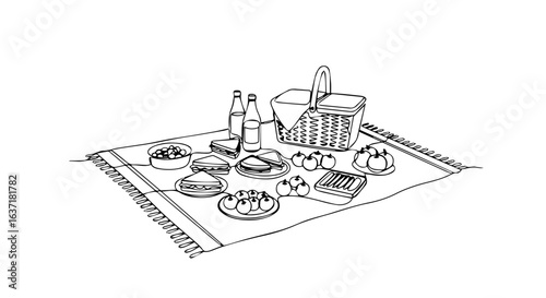 Simple picnic basket scene with sandwiches, fruit, cheese, and drinks on blanket.  Picnic illustration includes tasty food and refreshing beverages for summer lunch.