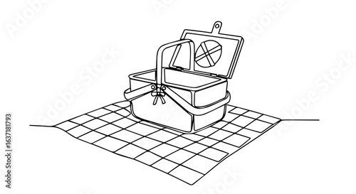 Stylish picnic basket on checkered blanket for romantic outdoor lunch. Picnic basket with lid open, ready for family gathering or date. Perfect picnic setup for spring or summer,