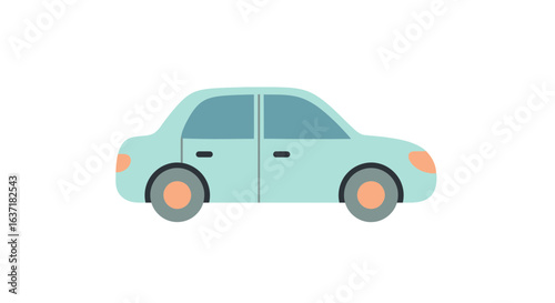 Illustration of a minimalistic cartoon style light blue car on white backdrop