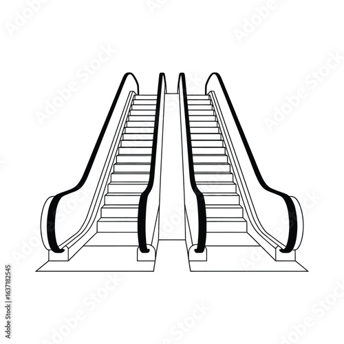 Two symmetrical escalators facing each other in a minimalist line drawing