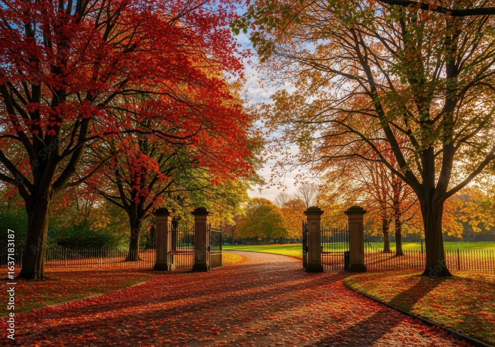 Fototapeta premium Scenic autumn foliage path entrance with vibrant colors in tranquil park