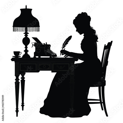 Silhouette of a victorian woman writing at a desk with a typewriter and lamp