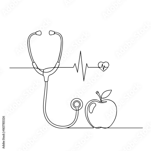 Diet doctor logo with stethoscope and apple in minimalist drawing style. Diet doctor concept highlighting the interplay between medical expertise and nutritional guidance.