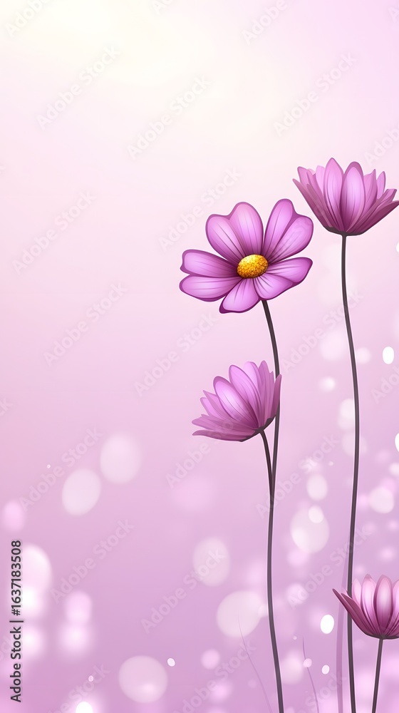 Naklejka premium Elegant Purple Cosmos Flowers on Soft Pink Background Botanical Illustration