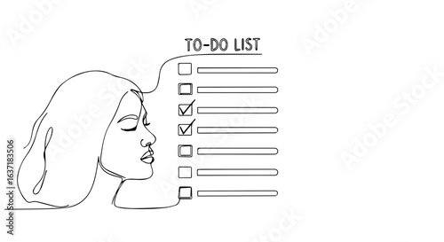One line to-do list illustration with woman and checked boxes on white background. Conceptual to-do list complete with woman face shows task management and success.