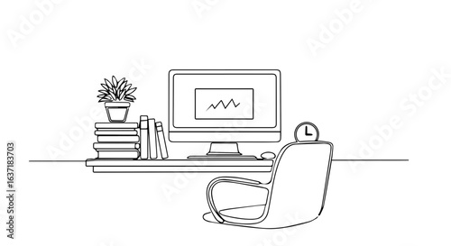 Minimalist cozy workspace setup with monitor and office supplies for productivity. Cozy workspace design features computer, books, flower pot, and clock on desk,