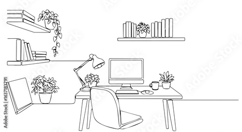 Modern cozy workspace with sleek desk and minimalist design. Cozy workspace displays computer setup, books, and indoor plants for pleasant work environment.