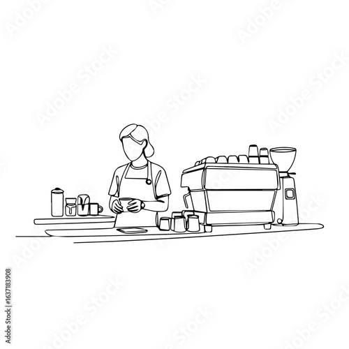 Working coffee in minimal outline style shows a barista preparing drinks at cafe. Working coffee environment highlights a modern barista at work in uniform.