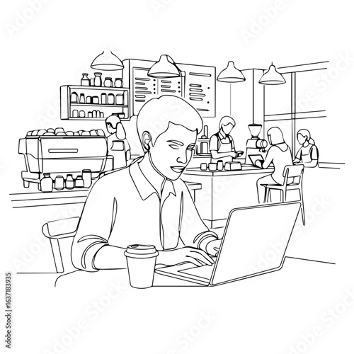 Working coffee concept: man works in cafe with laptop while enjoying working coffee. Interior illustration includes barista, coffee machine, and menu board.