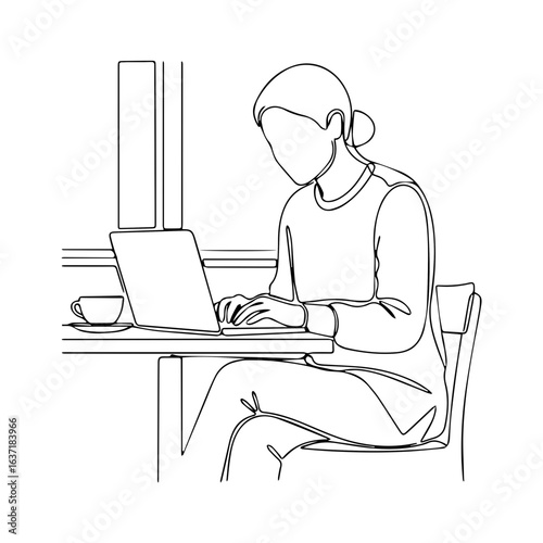 Focused woman with working coffee, using laptop by window, enjoying quiet moment. Working coffee provides a relaxing and productive atmosphere, woman absorbed in her tasks, creating content,