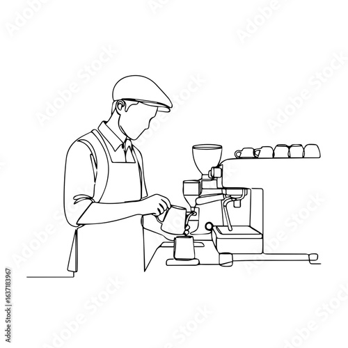 Skilled barista working coffee at counter, showcasing coffee preparation, and making professional drinks. Working coffee is his true passion and he is creating aromatic beverage for customer.