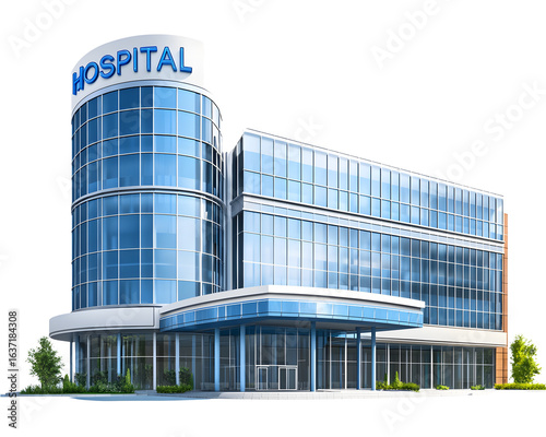 Modern hospital building with glass facade isolated on transparent background