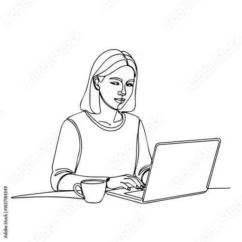 Work home scene presents woman at desk using her laptop, with coffee cup. Work home routine showing person working on computer, engaging with her office remotely.