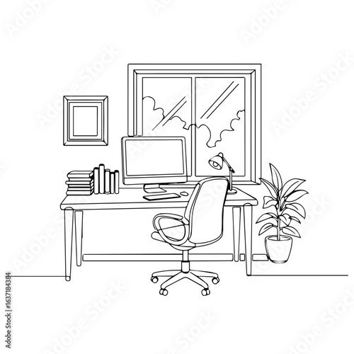 Work home setup in minimalist line art shows workspace with computer and plant near window. Work home includes desktop, chair, and books, creating organized office scene.