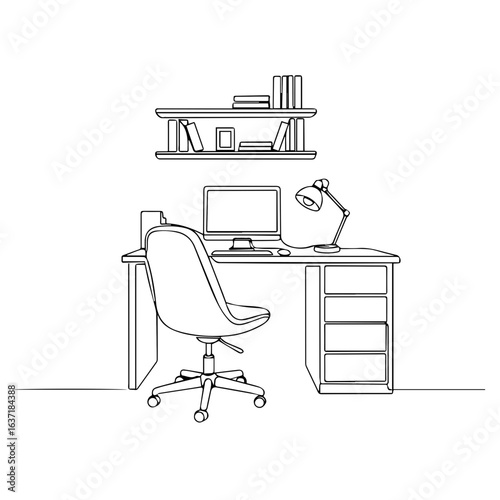 Minimalist work home office design with desktop computer, desk, and chair. Work home layout includes shelf, lamp, and computer monitor. Interior work home setup for remote work and creative projects.