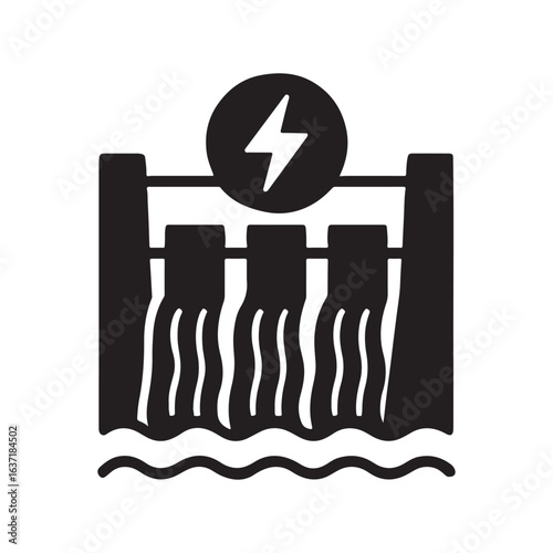 Hydroelectric Dam Silhouette Icon Vector for energy, water, and power.