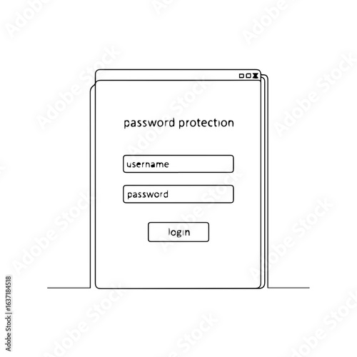 Password protection shown on digital screen for entering username and password. Password protection emphasizes secure data, login with password, and prevents hacking.