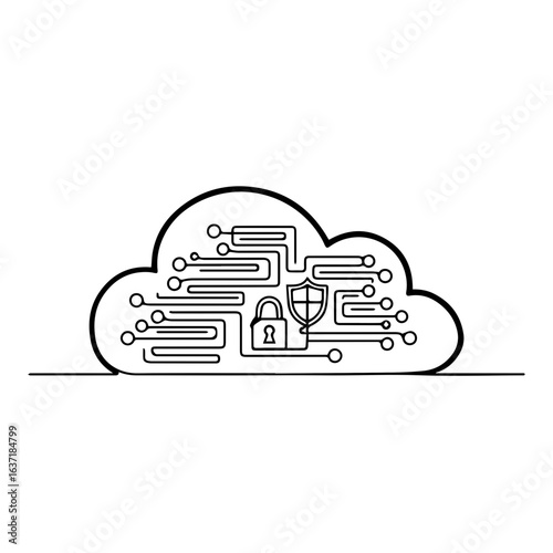 Network security cloud with circuit board lines, shield, and padlock in black and white. Depiction of network security, showing protection for digital data and computer networks, with encryption.