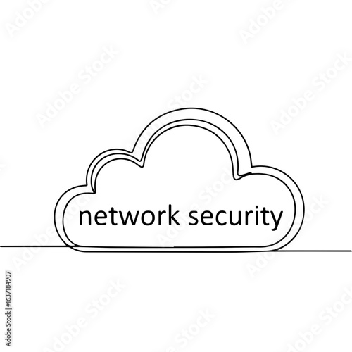 Outline drawing depicting network security in minimalist style on white backdrop. Network security is shown inside cloud shape. Network security emphasizes data protection in digital sphere.
