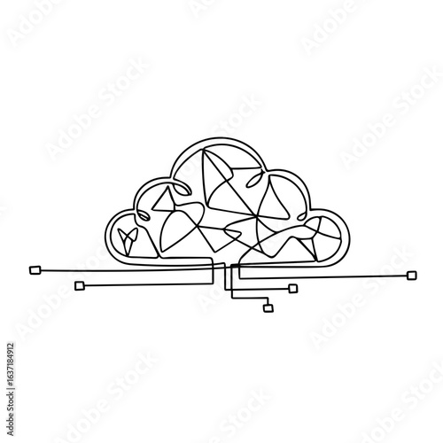 Network security cloud depiction in minimalist line drawing. Conceptual network security cloud with interconnected polygons evokes data protection.