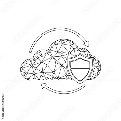 Illustrative network security cloud depiction with digital shield providing data protection. Network security cloud services offer protection against digital threats.
