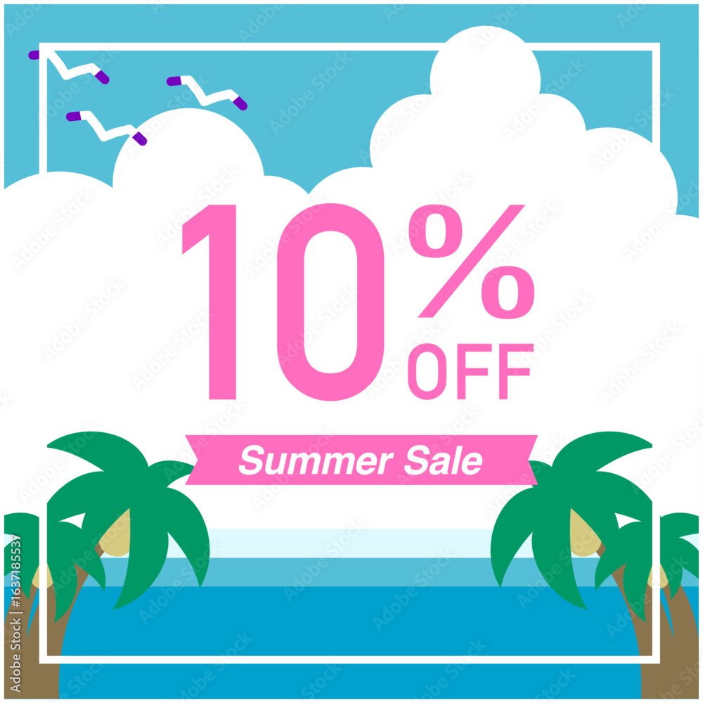 Naklejka premium 夏のセールバナー｜10％オフとヤシの木と海のポップなプロモーションデザイン 