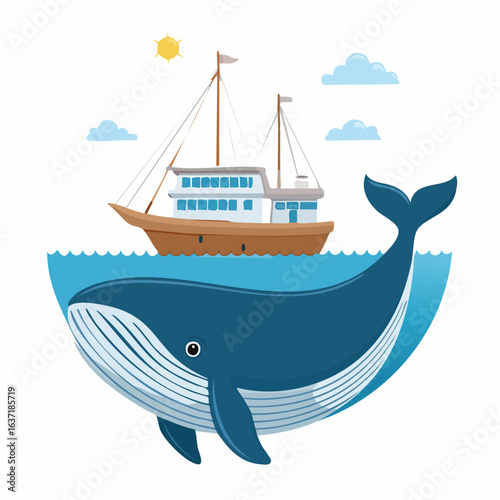 小型捕鯨船とクジラの捕鯨業ベクターイラスト