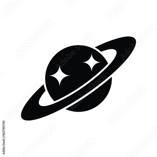Stylized black silhouette of a ringed planet with stars