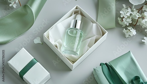 Serene skincare gift, pastel green ribbon, spring blossoms, gray background; product shot