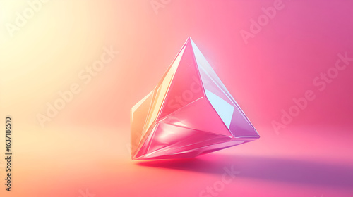 A translucent pyramid shape rests on a gradient pink and yellow background.