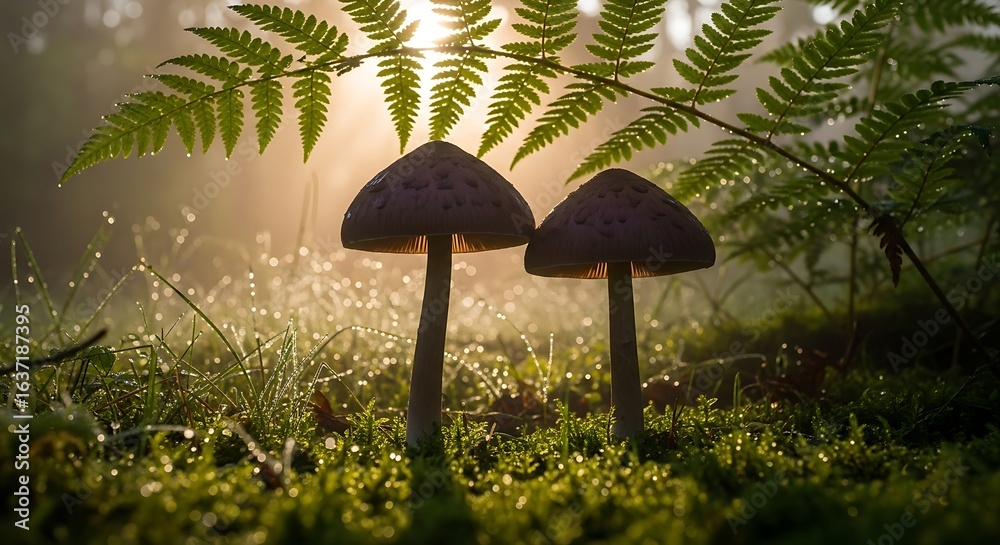 Fototapeta premium Enchanting forest scene with mushrooms and fern leaves bathed in morning light
