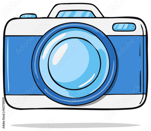 Cartoon style illustration of a blue and white digital camera with a large lens