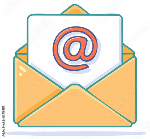 Vibrant open mail envelope with an at symbol conceptualizing electronic message and digital communication