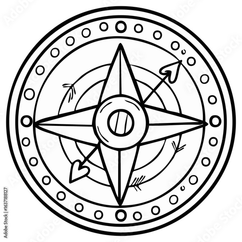 Line art compass rose illustration for travel, direction finding or navigation themed projects black and white design