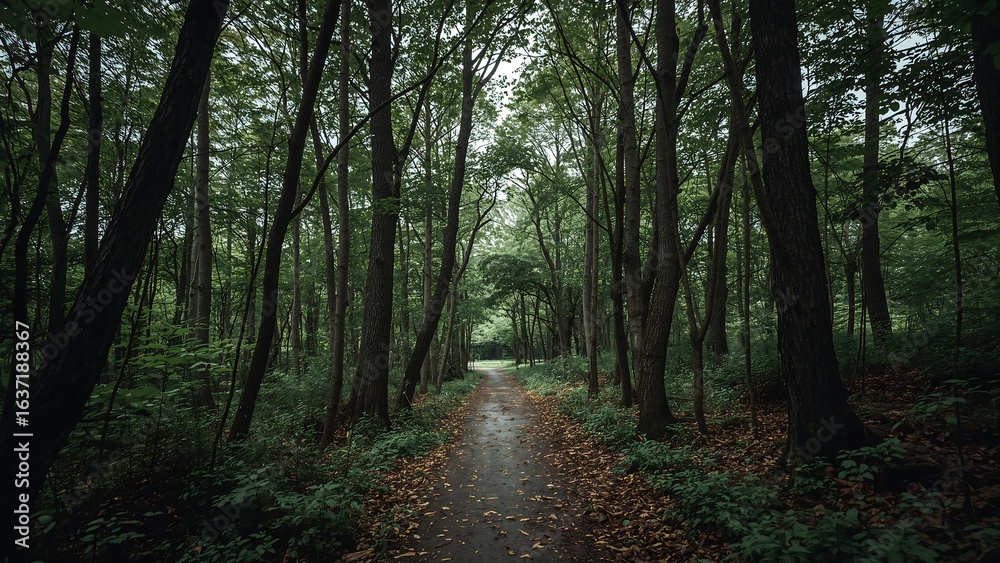 Fototapeta premium Photo of a scenic path winds through a dense forest with lush green trees creating a peaceful and serene natural landscape