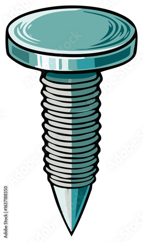 Blue metal screw with sharp point and round head, illustration
