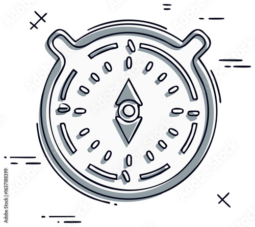 Stylized compass icon with directional needle and degree markings, outlined in black and grey