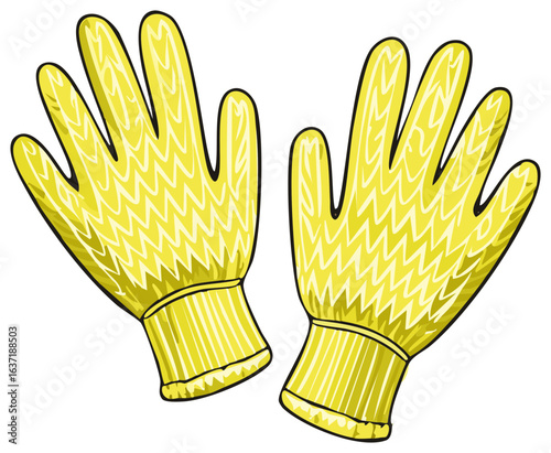 Pair of bright yellow utility gloves with a zigzag pattern and striped cuffs for household tasks