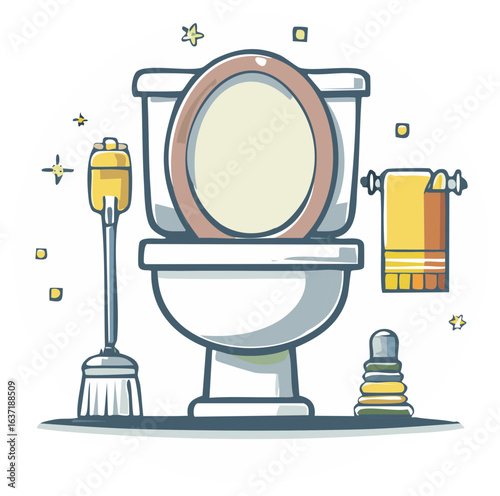 Sparkling Clean Restroom Toilet with Cleaning Brush and Towel, Cartoon Style