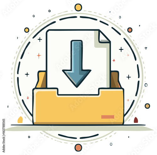 Digital download icon with blue arrow and paper in tray inside circular frame