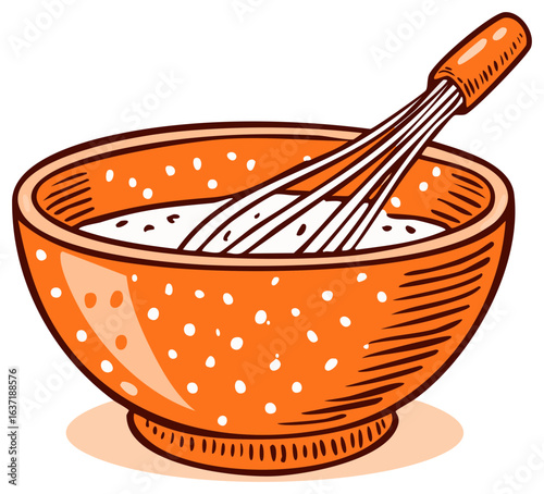 Hand drawn illustration of whisking batter in an orange polka dot mixing bowl