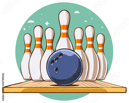 Classic bowling pins and ball arranged on wooden lane, vibrant vector illustration of leisure sport
