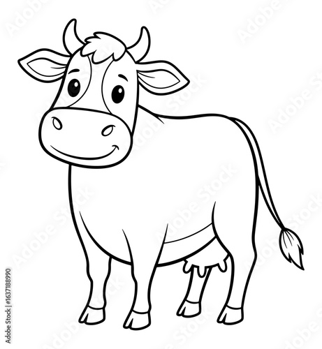 Cute Cartoon Cow Illustration in Black and White Outline Style