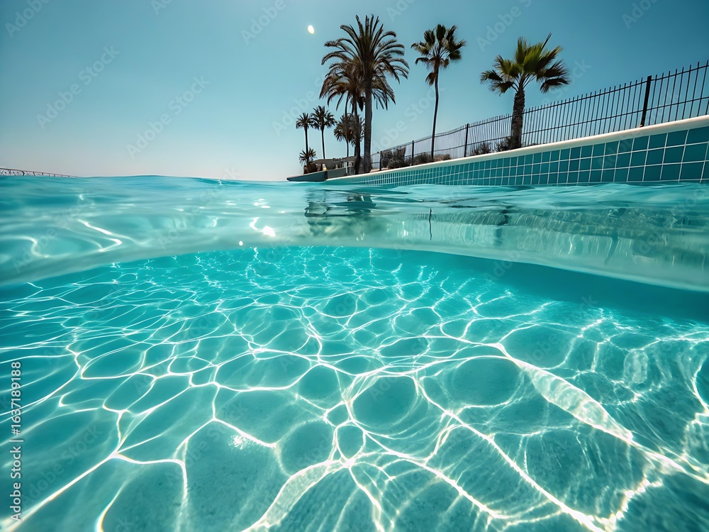 Fototapeta premium High-resolution close-up of rippling turquoise swimming pool water under bright sunlight, creating a fresh and clean summer wallpaper perfect for seasonal backgrounds, travel, and leisure designs 