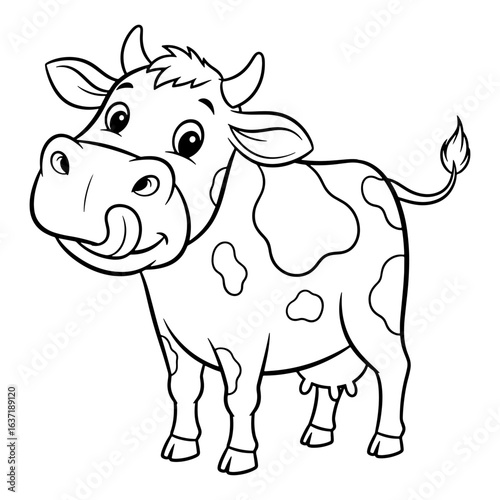 Cartoon Line Art of a Smiling Cow with Spots, Licking Its Snout
