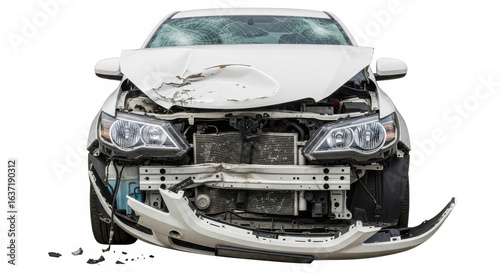 Damaged car front white sedan broken windshield crumpled hood exposed engine accident aftermath isolated on white background vehicle collision dramatic impact