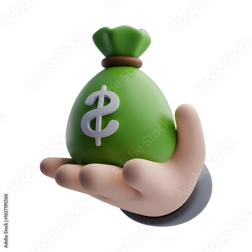 Hand Holding Money Bag Icon – 3D Illustration of Financial Success and Wealth