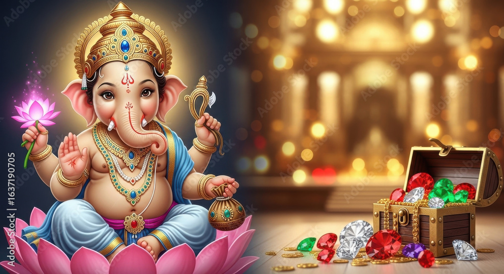 Fototapeta premium Hindu deity Ganesha sitting on pink lotus flower, holding lotus and sweets, with glowing aura, next to treasure chest filled with colorful jewels and gold coins in temple setting