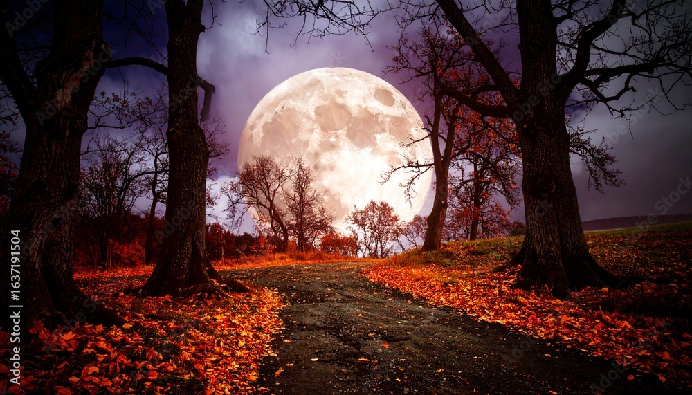 Fototapeta premium Realistic halloween background with creepy landscape of night sky fantasy forest 